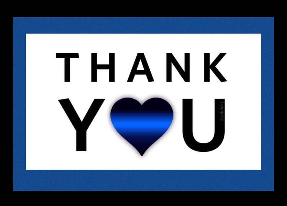a design in blue, black and white with text that says thank you and a heart shape in the place of the letter O