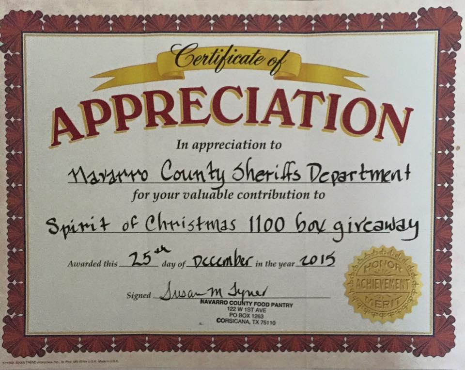 Certificate of Appreciation from the Navarro County Food Pantry for our assistance in the Christmas 1100 box giveaway
