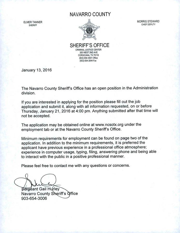 Navarro County Sheriff's Office job announcement. Information below