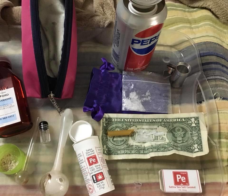 Methamphetamine, promethazine, THC, Various paraphernalia 