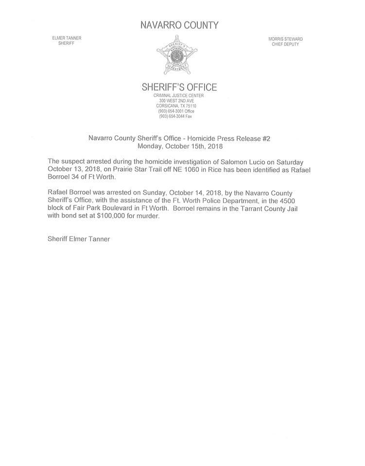 Behandling Bliver til Våd Press Release #2 (10/15/2018) - Press Releases - Navarro County Sheriff's  Office