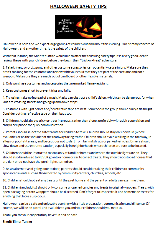 Halloween Safety Tips Flyer: See information below