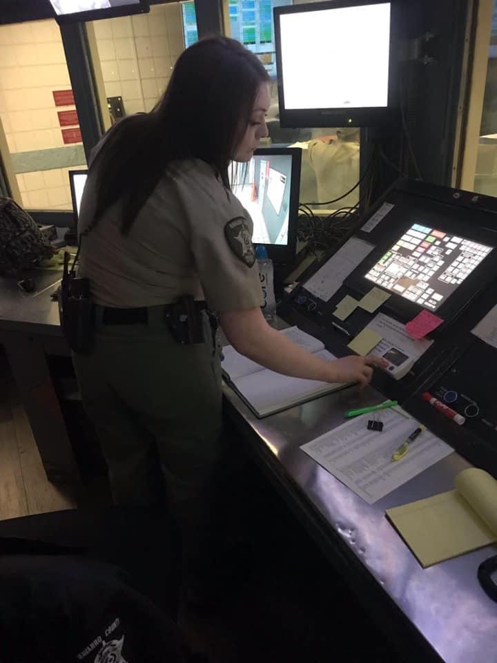Female correctional officer checking computer screen
