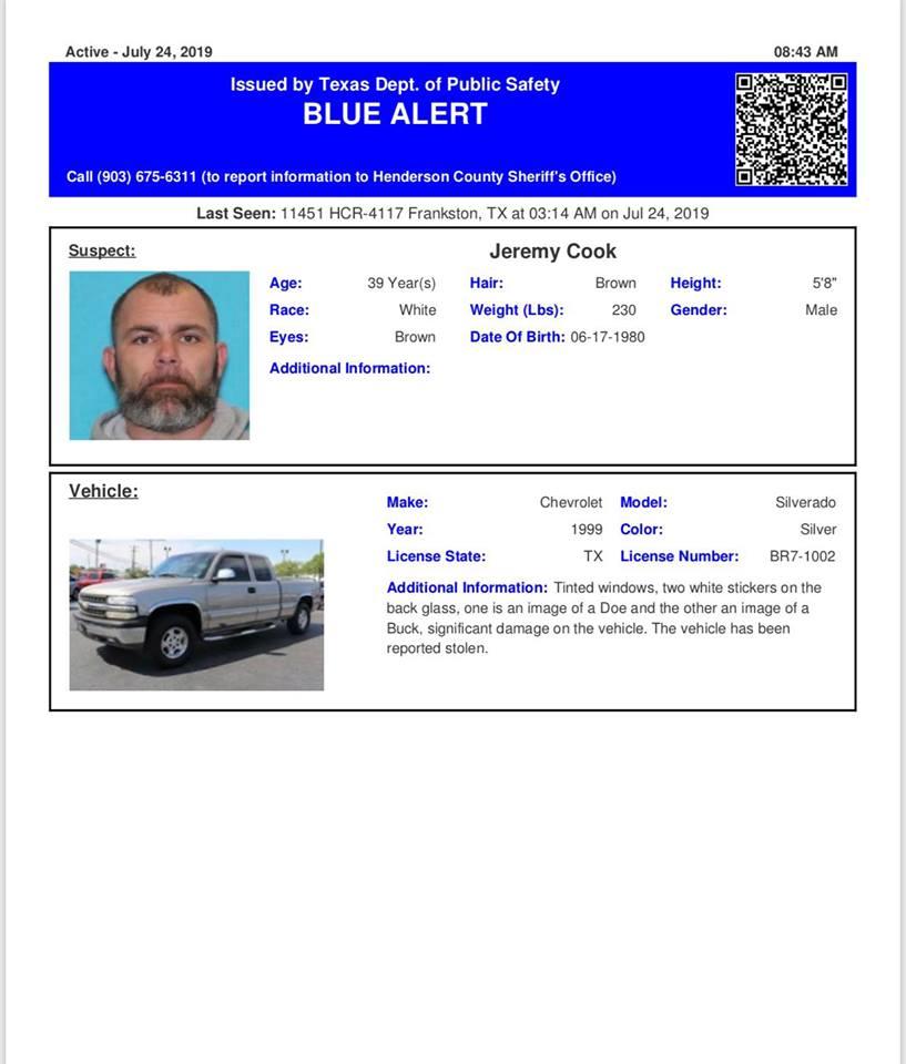 a Blue Alert screenshot with information about suspect Jeremy Cook
