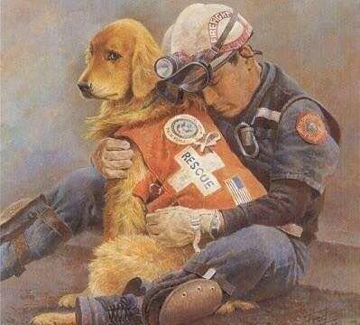 Painting of a Fireman and a rescue dog
