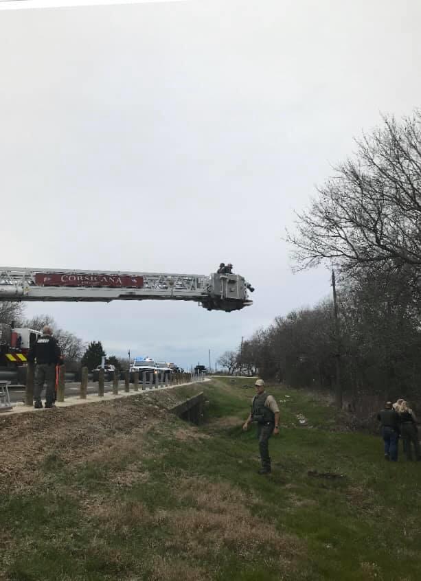 bucket truck extending out towards the trees