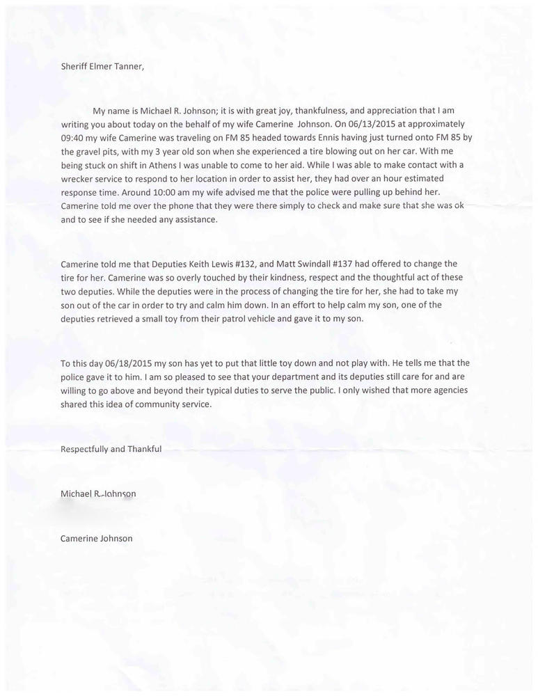 A Letter of Commendation from Michael Johnson to the NCSO