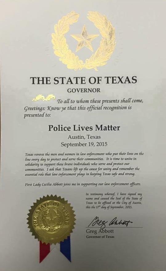 letter from the State of Texas Governor's Office proclaiming Police Lives Matter