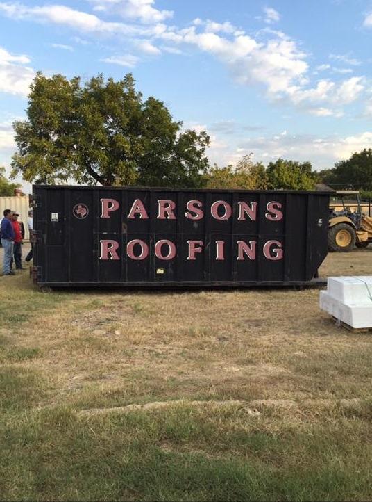 Parsons Roofing trash dumpster