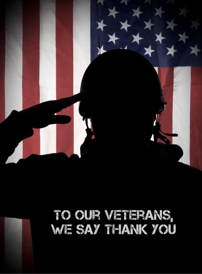 Soldier saluting. "To our Veterans, we say thank you"