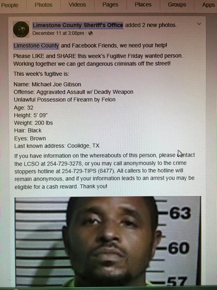Screenshot of Limestone County Sheriff's Office facebook page. Information below
