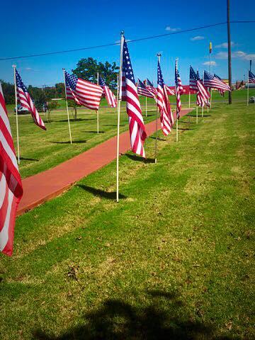 American flags along either side of a walkway