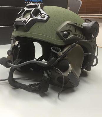 Kevlar high rise tactical helmet with night vision mount, tactical rails and Peltor communications headset