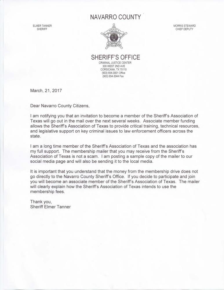 Letter from Sheriff Tanner. See information below